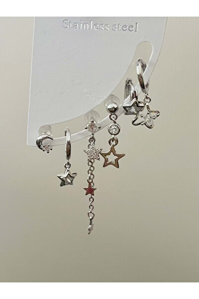 ACAR TAKI طقم أقراط نجمية من الفولاذ مكون من 6 قطع - لون فضي ACR9027