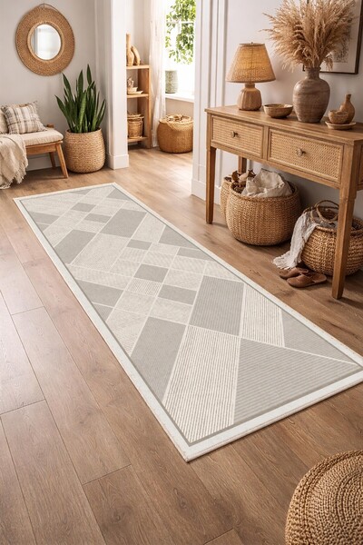 VOPTEKS Vizon Bej Halı Yolluk Makinede Yıkanabilir Halı Kaymaz Taban Halı