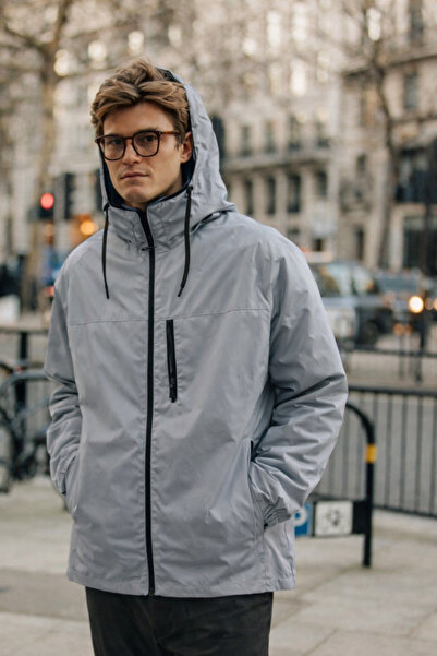 DAMGA JEANS Ανδρικό μοντέρνο αδιάβροχο με κουκούλα και τσέπες, φαρδύ γκρι χρώμα
