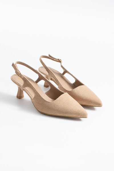 Pazzyonez Women's Lara Beige Suede Kitten Ankle Buckle Short Mini Heeled Shoes