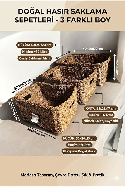RİVO HOME DECOR Dekoratif Hasır Sepet 3 lü Set