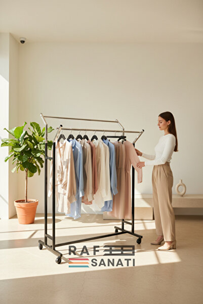 Raf Sanatı Tekerlekli Mağaza Askılığı Giysi&Elbise Standı Yükseklik Ayarlı Me...