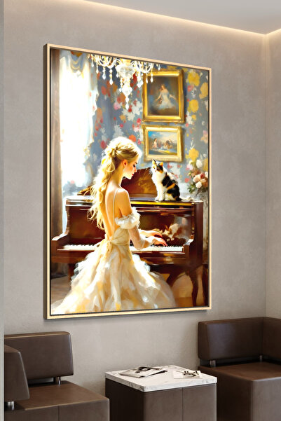 ARTAN GALLERY İtalyan Kadife Duvar Tablosu | Piyano Çalan Kadın ve Kedi | Yağ...