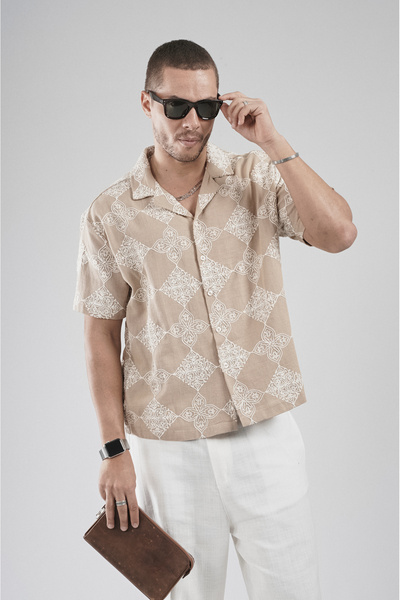 Butik Trend Biz Oversize Embroidered Patterned Lattice Fabric Men's Shirt