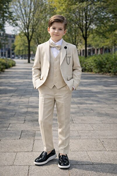 Tarz Çocuk Boys' Beige Slim Fit 5-Piece Suit - Jacket, Vest, Pants, Shirt, an...