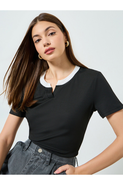 Styli Black Contrast Notch Neck Ribbed T-Shirt