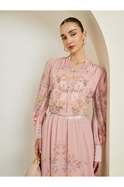 Styli Light Pink Floral Placement Printed Blouse