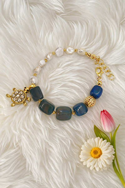 PORSE Blue Agate Natural Stone Real Freshwater Pearl Handmade Bracelet with T...