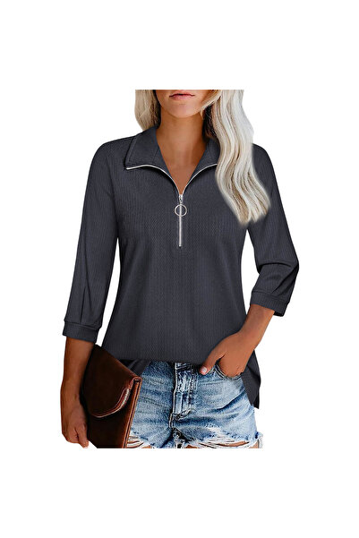 Other Women's Sweater - Suitcase Collar with Zipper, 3/4 Sleeve, Stretchy Kni...