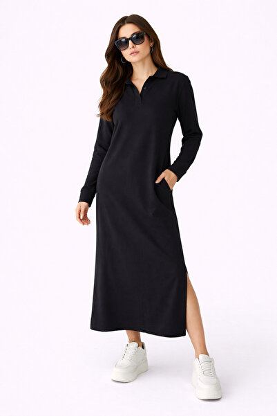 Paw Garage Women's Penny Long Sleeve Polo Collar Dress with Slit and Pocket D...