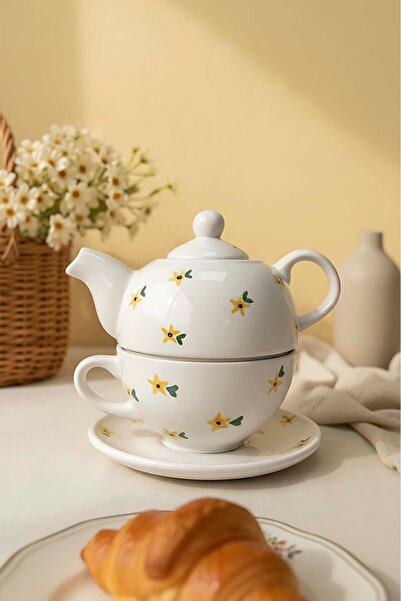 Rivaİstanbul Yellow Papatya Amore 4 Piece Teapot & Cup Set