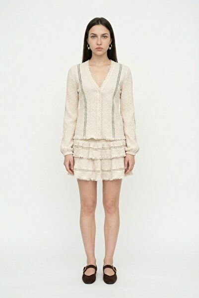 Quzu Fustă mini cu volane texturate și talie elastică, bej