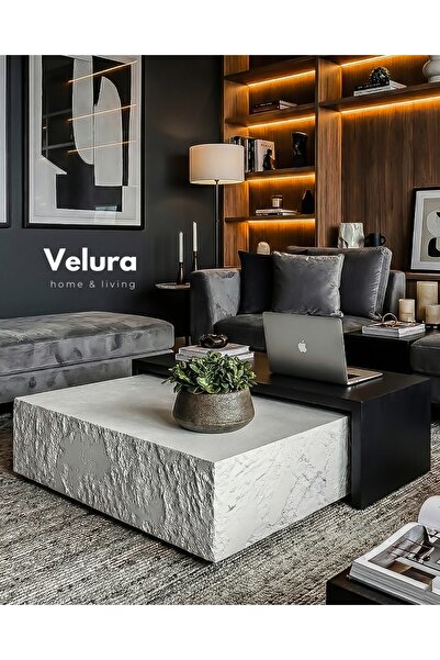 Velura Home & Living Nora Orta Sehpa - Beyaz Taş & Siyah Ahşap