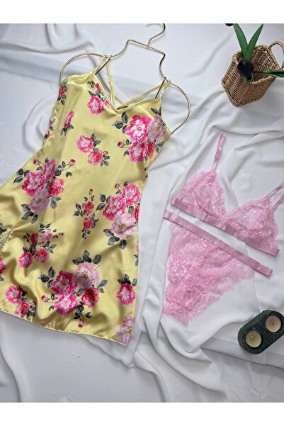 ROZENİN LINGERIE Satin Dress Nightgown Underwire-Free Lingerie Set 3-Piece Set