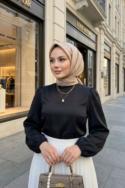 adamila Kadn Dik Yaka Kolu Lastikli Arka Fermuarlı Saten Bluz
