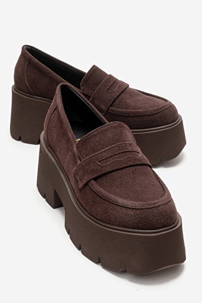 LuviShoes SANTIA Kahverengi Süet Kadın Kalın Tabanlı Loafer Ayakkabı