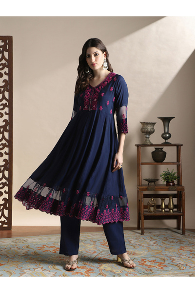 Globus By Styli Sequin Embroidered Flared Hem Kurta and Pants Festive Set