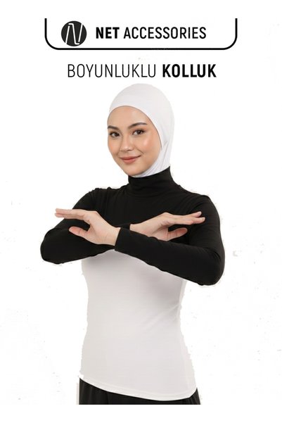 Net Tekstil Îmbrăcăminte de rugăciune elastică din Lycra, cu guler negru și mâneci, tip guler rotund, pentru femei musulmane