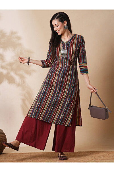 Globus By Styli Geometric Stripe Print Straight Workwear Kurta and Palazzos Set