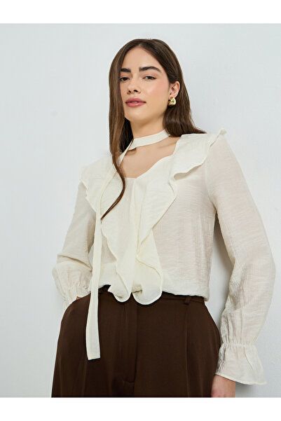 Styli White Ruffle Long Sleeves Blouse