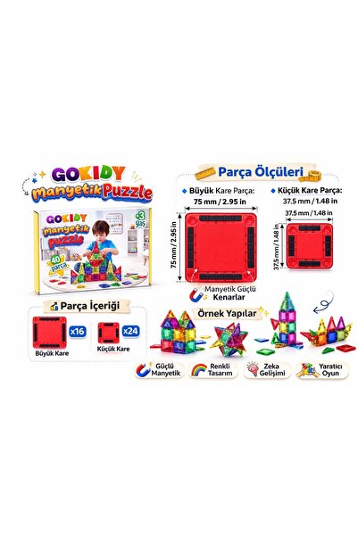 ela777 Manyetik Yapı Blokları – Çocuklar Için Renkli 3 Boyutlu 40 Parça Manye...