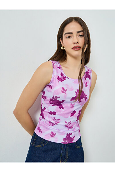 Styli Purple Ribbed Floral Fitted Tank