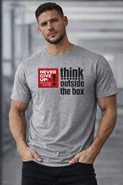 herkesemoda Think Outside Text Detailed Basic T-Shirt