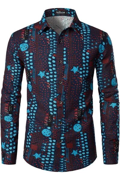 Other Cămașă Bărbătească In - Motive Africane, Stil Retro, Mâneci Lungi - Ble...