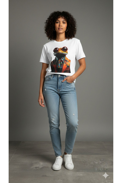 ELİF TARAKÇI BUTİK تي شيرت قطني أبيض بنقشة الضفدع
