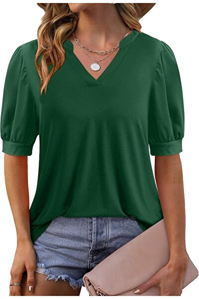 Other Bluză Damă Elegantă - Tunică Vară, Decolteu V, Material Aerisit - Verde...