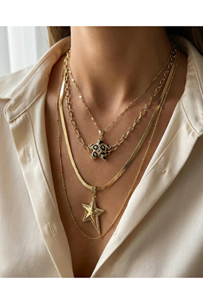 Dorvina 316L Çelik Kararmaz Takı Gold Renk Kaplan Yıldızı 4 Adet Kombin Kadın...