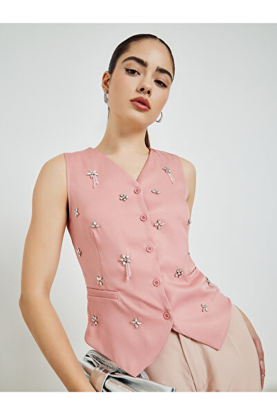Styli Pink Embellished Sleeveless Waistcoat