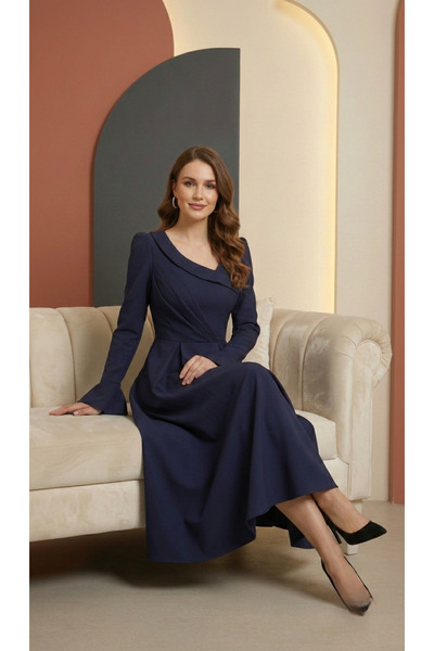 BROOKLYN STYLE Navy Barbie dress with a modern collar and bell sleeves, an el...