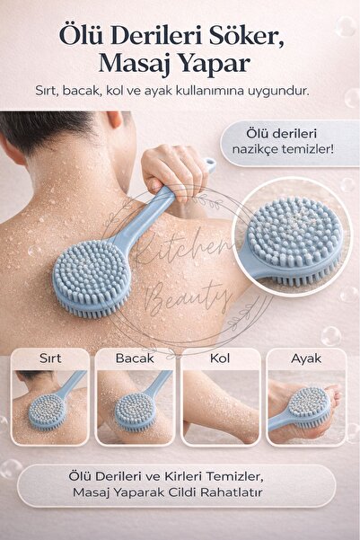 Kitchen Beauty Silikon Çift Taraflı Banyo Fırçası Uzun Saplı Yumuşak Masaj Ba...