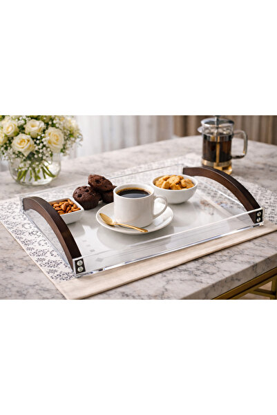 Dania صينية تقديم أكريليك شفافة بمقابض خشبية أنيقة – مقاس 45×35 سم