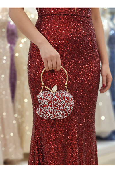 Çanta Trend Red Women's Stone Evening Dress Bag with Apple Figure (10*13 cm)