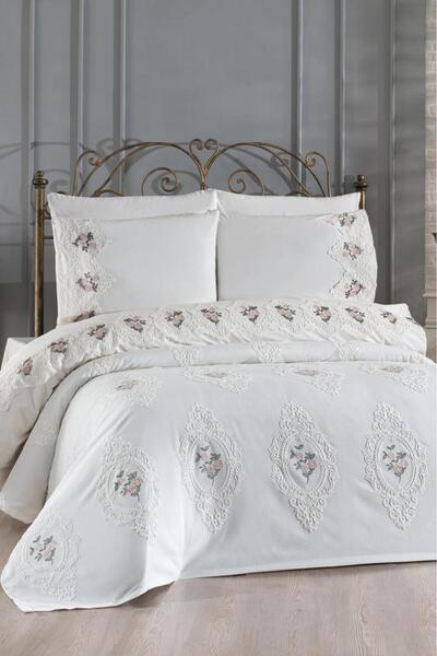 Çeyiz Diyarı Gardenlove Embroidered Chenille 7 Piece Bridal Set Cream