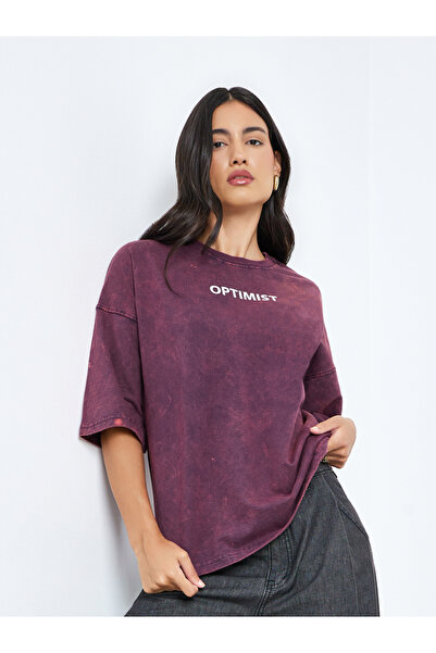 Styli Purple Slogan Print Oversized T-Shirt