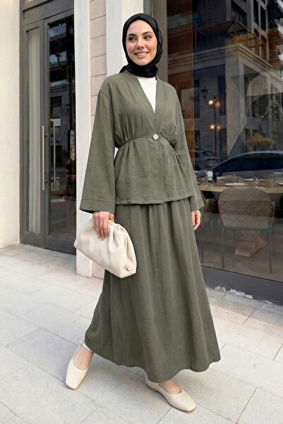 InStyle Khaki Suit with Shawl Collar and Gold Buttons