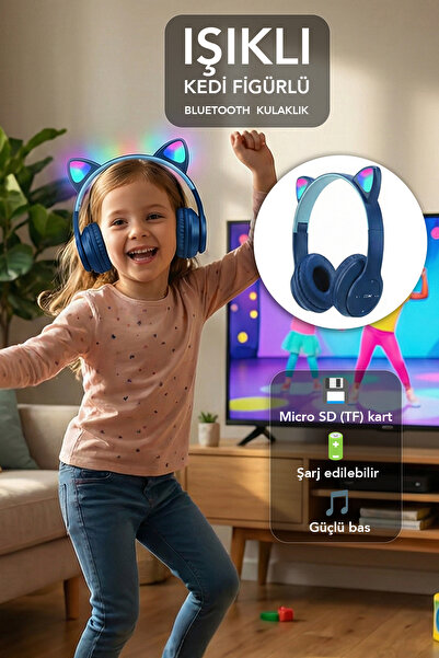 mimtec Kablosuz Bluetooth Kulaklık Led Işıklı Mikrofonlu Kedili iOS Android U...