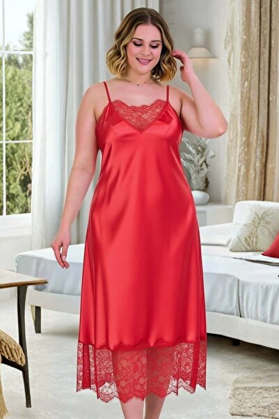 tarzımsüper Plus Size Premium Satin Dowry Dress with Lace Long Nightgown
