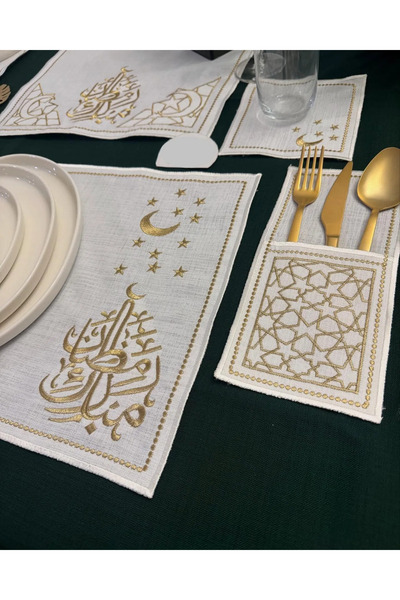 She Combines 6-Person Luxury Linen American Service Runner and Spoon Holder Set - Gold Embroidered Ramadan Concept