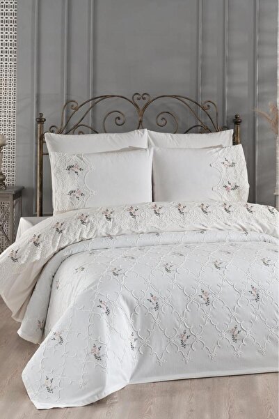 Çeyiz Diyarı Pinkrose Embroidered Chenille 7 Piece Bridal Set Cream