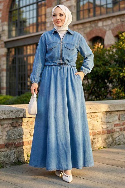 hafsamina Elastic Waist Zippered Jeans Suit Hm2875 Blue