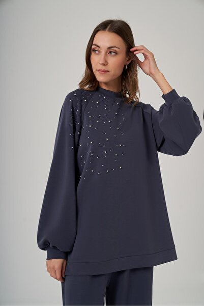 Nuss 1076 Taş İşlemeli Bisiklet Yaka Pantolonlu Takım - Lacivert