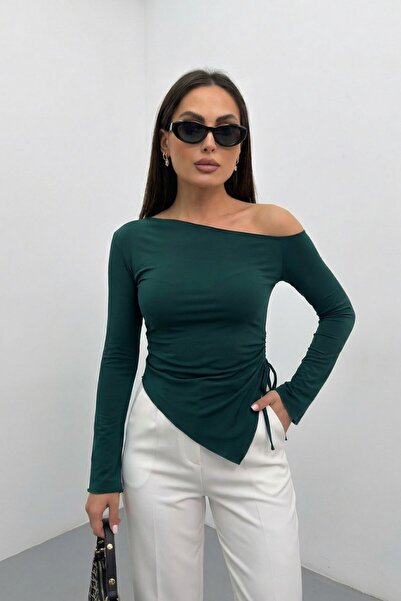 spirituel Women's Blouse One Shoulder Open Asymmetrical Side Gathered Long Sl...