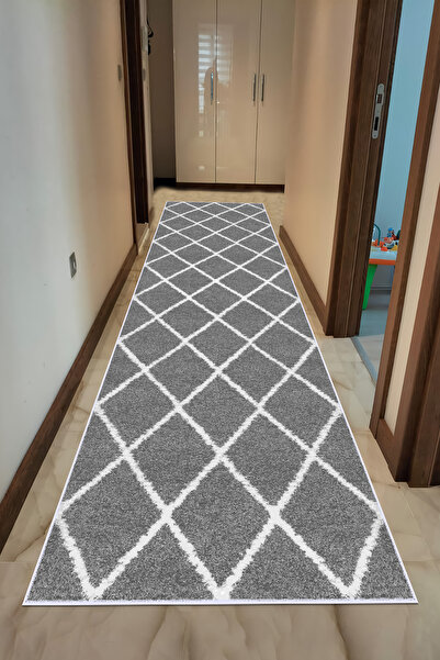VOPTEKS Gri Beyaz Halı Yolluk Makinede Yıkanabilir Halı Kaymaz Taban Halı
