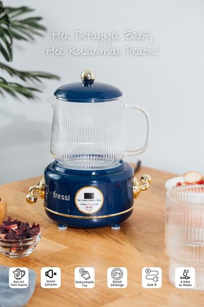 Fressi YSB-GC02 Eiffel 0,6L Cam Hazneli 400W Lacivert Kettle Kablosuz Su Isıt...