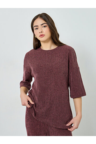 Styli Burgundy Oversized Textured Knit Top