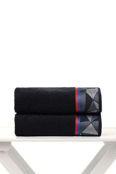 AİRYCOT Черен геометричен жакард 70x140 2-компонентен комплект кърпи за баня